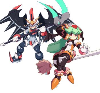 1boy 1girl absurdres alternate_costume black_helmet black_skin brother_and_sister colored_skin energy_blade forehead_jewel green_hair helmet highres holding holding_scythe long_hair mega_man_(series) mega_man_x_(series) mega_man_x_dive mega_man_zx model_w_(mega_man) official_alternate_costume pandora_(mega_man) prometheus_(mega_man) red_eyes scythe siblings simple_background smirk surrealmason white_background white_helmet