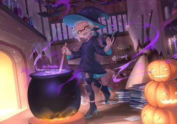 1girl :d bat_(animal) black_dress black_footwear black_hat black_leggings blue_hair blue_tongue book broom cauldron colored_tongue commentary creature creature_on_shoulder dress fangs fireplace fish_skeleton full_body halloween hat high_heels highres holding holding_book indoors inkling inkling_girl inkling_player_character jack-o'-lantern jinkoika leggings long_sleeves nintendo on_shoulder open_book open_mouth pile_of_books pointy_ears potion short_hair silk smallfry_(splatoon) smile solo spider_web splatoon_(series) standing standing_on_one_leg stirring symbol-only_commentary tentacle_hair torn_clothes torn_leggings witch witch_hat yellow_eyes