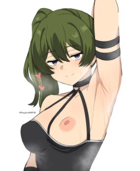 1girl absurdres arm_strap arm_up armpit_crease sweat armpits black_choker breasts choker closed_mouth green_hair heart highres kagironsfw large_breasts long_hair nipples o-ring o-ring_choker presenting_armpit purple_eyes side_ponytail simple_background smile solo sousou_no_frieren sweat ubel_(sousou_no_frieren) white_background