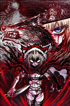 animal_hood black_souls black_souls_2 blonde_hair blood blood_on_arm blood_on_clothes blood_on_face blue_eyes breasts cape chengzilong8 empty_eyes fur-trimmed_hood fur_trim highres holding holding_knife hood hood_up hooded_cape knife looking_at_viewer red_cape red_hood_(black_souls) revealing_clothes thighhighs wolf