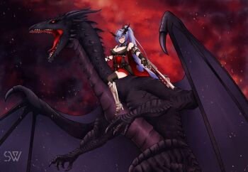 Rule 34 | 1girl, absurdres, adversarial noise, alternate costume, armband, armored boots, azur lane, belt, black belt, black dress, black scales, blue eyes, blue hair, blush, boots, breasts, brown thighhighs, cape, center opening, claws, cleavage, commentary, commission, dragon, dragon claw, dragon horns, dragon wings, dress, embers, english commentary, fake horns, fantasy, gauntlets, gloves, gun, high heel boots, high heels, highres, holding, holding gun, holding weapon, horns, large breasts, long hair, looking at viewer, new jersey (azur lane), open mouth, ponytail, red cape, red dress, red eyes, riding dragon, rifle, scales, sharp teeth, shon (seanwave), signature, sitting, sitting on animal, smile, smoke, spread wings, teeth, thighhighs, thighs, two-tone dress, very long hair, weapon, western dragon, wings