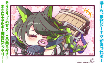 Rule 34 | +++, 1girl, = =, absurdres, arknights, benizika, bicycle, black gloves, black hair, black jacket, blush, chibi, closed eyes, commentary request, floral background, food in mouth, gloves, green hair, highres, horns, jacket, long sleeves, mon3tr (arknights), mouth hold, multicolored hair, riding, riding bicycle, signature, solo, streaked hair, tail, translation request, twitter username, white background