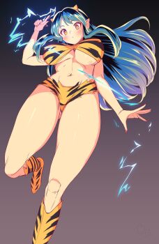 Rule 34 | 1girl, animal print, aqua hair, bikini, blush, boots, breasts, commentary request, cone horns, dark background, electricity, foot out of frame, from below, full body, gluteal fold, gradient background, highres, horns, knee boots, large breasts, long hair, looking at viewer, looking down, lum, navel, oni, pointing, pointing up, print bikini, print boots, red nails, simple background, solo, standing, standing on one leg, strapless, strapless bikini, swimsuit, thighs, tiger print, underboob, urusei yatsura, yana (nekoarashi), yellow bikini, yellow boots, yellow eyes