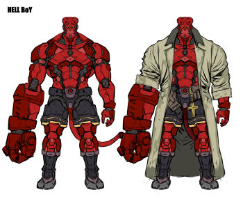 1boy abs black_hair coat colored_skin cross cross_print demon_boy full_body hellboy hellboy_(comic) highres humanoid_robot large_pectorals male_focus mechanization muscular muscular_male ninnin_(shishitou) oversized_forearms oversized_limbs pectorals red_skin robot short_hair shorts standing straight-on topless_male variations yellow_eyes
