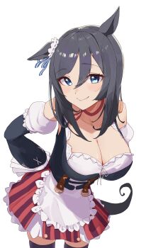 1girl absurdres animal_ears apron asobi_nin black_hair black_thighhighs blue_eyes blush bodice bow breasts choker cleavage closed_mouth collarbone commentary dirndl ear_ornament ear_ribbon ear_scrunchie eishin_flash_(meisterschaft)_(umamusume) eishin_flash_(umamusume) german_clothes hair_between_eyes highres horse_ears horse_girl horse_tail large_breasts long_sleeves looking_at_viewer medium_hair red_choker red_skirt scrunchie shirt simple_background skirt smile solo striped_clothes striped_skirt tail thighhighs umamusume vertical-striped_clothes vertical-striped_skirt white_apron white_background white_scrunchie white_shirt zettai_ryouiki