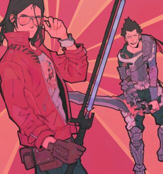 Rule 34 | 2boys, :d, adjusting eyewear, anniversary, armor, aviator sunglasses, black hair, brown gloves, commentary, cosplay, costume switch, denim, english commentary, frown, gloves, heartgrooooove, highres, holding, holding sword, holding weapon, jacket, jeans, kaim argonar, looking at viewer, lost odyssey, male focus, medium hair, multiple boys, no more heroes, open mouth, pants, pink theme, red jacket, short hair, smile, sunglasses, sweat, sweatband, sword, travis touchdown, weapon