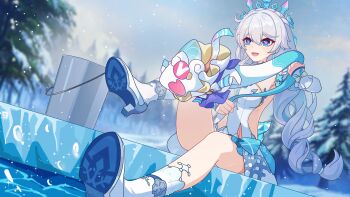 Rule 34 | 1girl, absurdres, ahoge, blue eyes, blue sky, breasts, bucket, chinese commentary, commentary request, diamond-shaped pupils, diamond (shape), dress, henjiwumei, high heels, highres, honkai (series), honkai impact 3rd, kiana kaslana, kiana kaslana (ba-dum! fiery wishing star), kiana kaslana (wintery wishes), large breasts, long hair, official alternate costume, rice cake (honkai impact), sitting, sky, smile, snake, snowing, symbol-shaped pupils, tiara, very long hair, water, white dress, white hair