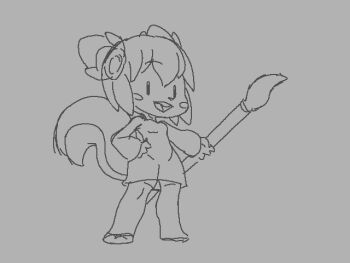 1girl achille_bibard animated animated_gif blush_stickers commentary deformed dress english_commentary flat_chest full_body furry furry_female grey_background greyscale holding holding_pen jaggy_lines jumping kde kiki_the_cyber_squirrel krita_(medium) krita_(software) martial_arts mascot monochrome no_pants oversized_object pen roundhouse_kick short_dress short_hair simple_background sketch smile solid_oval_eyes solo squirrel squirrel_girl squirrel_tail tail third-party_source