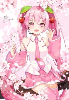 1girl ahoge amick_(americanomix) applying_manicure blush branch breasts cherry_hair_ornament collared_shirt commentary_request day detached_sleeves falling_petals fingernails floral_print flower food-themed_hair_ornament hair_between_eyes hair_ornament hatsune_miku headset long_hair long_sleeves looking_at_viewer medium_breasts nail_polish necktie official_alternate_costume outdoors petals pink_eyes pink_flower pink_hair pink_nails pink_necktie pink_petals pink_skirt pink_theme sakura_miku shirt sitting sitting_on_branch skirt sleeveless sleeveless_shirt smile solo teeth thighhighs twintails very_long_hair vocaloid white_trim wide_sleeves zettai_ryouiki