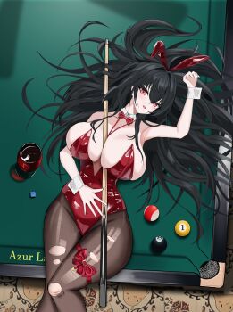 1girl 8-ball absurdres animal_ear_hairband animal_ears armpits azur_lane ball black_hair bow bowtie breasts cleavage cue_stick fake_animal_ears hair_between_eyes hairband highres holding holding_cue_stick kouhen_no_niwa large_breasts leotard long_hair looking_at_viewer official_alternate_costume on_table open_mouth pantyhose playboy_bunny pool_table rabbit_ear_hairband rabbit_ears red_bow red_bowtie red_eyes red_leotard solo strapless strapless_leotard table taihou_(azur_lane) taihou_(fun_on_the_baize)_(azur_lane) thigh_bow torn_clothes torn_pantyhose very_long_hair white_wrist_cuffs wrist_cuffs
