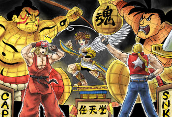 Rule 34 | angel, angel wings, baseball cap, blonde hair, capcom vs. snk, e. honda, fatal fury, fingerless gloves, gloves, hand on own hip, haoumaru, hat, highres, ken masters, kicdon, kid icarus, kid icarus uprising, male focus, muscular, muscular male, nintendo, palutena bow (kid icarus), pit (kid icarus), samurai spirits, star (symbol), street fighter, street fighter ii (series), super smash bros., terry bogard, wings