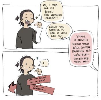 1boy artist_self-insert black_hair black_shirt closed_eyes english_text layered_sleeves long_sleeves machuuu68 original pointing pointing_at_self shirt short_over_long_sleeves short_sleeves simple_background sweat sweatdrop teeth upper_teeth_only white_background white_shirt