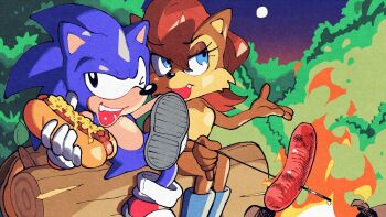 1boy 1girl animal_ears animal_nose arm_around_shoulder blue_boots blue_eyes blue_fur body_fur boots brown_fur brown_hair bush campfire chili_dog chipmunk_ears commission fang figure_four_sitting food full_body full_moon furry furry_female furry_male gloves hand_up hedgehog_boy highres holding holding_food holding_skewer holding_stick hot_dog inkerton-kun log looking_at_viewer moon night on_log one_eye_closed open_mouth outdoors pinky_out red_shoes sally_acorn sausage second-party_source shoes short_hair short_tail sitting sitting_on_log skewer sky smile sonic_(series) sonic_the_hedgehog sonic_the_hedgehog_(satam) squirrel_girl stick tail teeth upper_teeth_only white_gloves