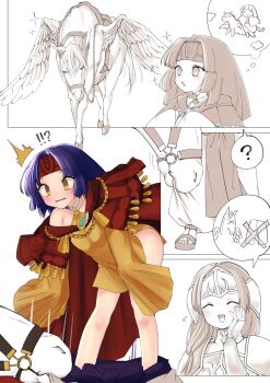 !? 2girls ? assisted_exposure bare_legs comic commission commissioner_upload fire_emblem fire_emblem:_path_of_radiance fire_emblem:_radiant_dawn headband horseback_riding imagining long_sleeves multiple_girls nintendo non-web_source off_shoulder pantsing partially_undressed pegasus purple_hair riding sanaki_kirsch_altina sigrun_(fire_emblem) skeb_commission sleeves_past_fingers sleeves_past_wrists studio_sugimoto surprised wardrobe_malfunction yellow_eyes