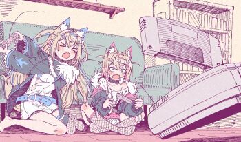 Rule 34 | > <, 2girls, accident, angry, animal collar, animal ears, bandaid, bandaid hair ornament, belt, belt collar, black collar, black jacket, blonde hair, blue belt, blue eyes, blue hairband, blue streaks, blush, bookshelf, breasts, clothing cutout, collar, commentary, controller, cropped jacket, crossed bangs, cutout above navel, dog ears, dog girl, dog tail, double-parted bangs, dress, fake horns, fang, fishnet socks, fishnet thighhighs, fishnets, frilled sleeves, frills, fur-trimmed jacket, fur trim, fuwawa abyssgard, fuwawa abyssgard (1st costume), game console, hair between eyes, hair ornament, hairband, hairclip, headphones, headphones around neck, holding, holding controller, hololive, hololive english, horn hairband, horns, indian style, indoors, jacket, ken (houndscombat), kneehighs, living room, long hair, long sleeves, looking at object, medium breasts, mococo abyssgard, mococo abyssgard (1st costume), multicolored hair, multiple girls, no shoes, on floor, open mouth, over-kneehighs, parallel hairclips, pink hairband, pink streaks, pulling, shirt, short dress, short hair, shorts, siblings, single bare foot, single over-kneehigh, single thighhigh, sisters, sitting, skin fang, socks, streaked hair, super famicom, t-shirt, tail, thighhighs, twins, two side up, virtual youtuber, wariza, wavy mouth, white dress, white shirt, white shorts, wide-eyed, x hair ornament