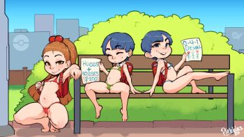 3girls ass bag bikini blue_eyes blue_hair brown_eyes brown_hair closed_eyes english_text exhibitionism female_focus flat_chest highres loli long_hair multiple_girls nintendo open_mouth original paper plebbles pokemon ponytail public_indecency short_hair sitting smile swimsuit writing