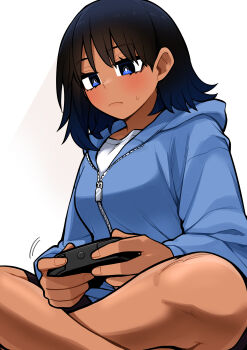 Rule 34 | 1girl, absurdres, black hair, blue eyes, blue jacket, blush, breasts, commentary request, controller, crossed legs, game controller, highres, holding, holding controller, holding game controller, hood, hood down, hooded jacket, jacket, kanke (kank06020602), light frown, long sleeves, medium breasts, medium hair, original, sitting, sweatdrop, white background, zipper