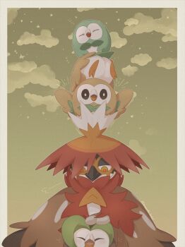 1other ^_^ alternate_color artist_name beak bird black_eyes blush body_fur bright_pupils brown_fur closed_eyes closed_mouth dartrix drooling evolutionary_line facing_viewer full_body furry gen_7_pokemon gradient_background gradient_sky half-closed_eyes hand_on_another&#039;s_head headpat highres hisuian_decidueye lemonade_kokoi light_blush looking_down lying multicolored_fur nintendo notice_lines on_head on_stomach open_mouth other_focus outdoors outline pokemon pokemon_(creature) pokemon_on_head puff_of_air red_fur red_pupils rowlet saliva shiny_and_normal shiny_pokemon signature sky sleeping standing star_(symbol) straight-on twitter_username upper_body white_fur white_outline white_pupils x_anus yellow_eyes yellow_sky zzz