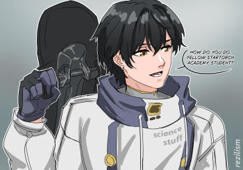 Rule 34 | 1boy, arm up, black gloves, black hair, commentary, earrings, english commentary, english text, gloves, highres, holding, holding skateboard, how do you do fellow kids (meme), jacket, jewelry, male focus, male rover (wuthering waves), meme, open mouth, rezilism, rover (wuthering waves), shirt, simple background, skateboard, solo, speech bubble, upper body, white jacket, wuthering waves, yellow eyes