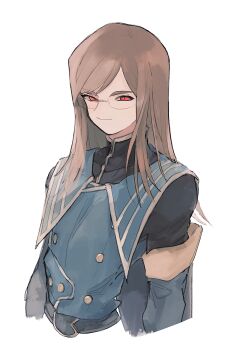 1boy absurdres brown_hair buttons closed_mouth cropped_arms cropped_torso double-breasted glasses gloves highres jade_curtiss long_hair long_sleeves looking_at_viewer male_focus nancykittyu red_eyes simple_background slit_pupils smile smug solo tales_of_(series) tales_of_the_abyss white_background