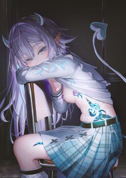 1girl absurdres aqua_skirt belt black_belt breasts chair character_request clothes_lift demon_horns demon_tail hair_between_eyes highres horns leg_warmers long_hair looking_at_viewer no_bra on_chair pasties plaid_clothes plaid_skirt pointy_ears purple_hair sanada_keisui shirt shirt_lift sitting sitting_backwards skirt small_breasts solo tail tattoo vrchat white_leg_warmers white_shirt
