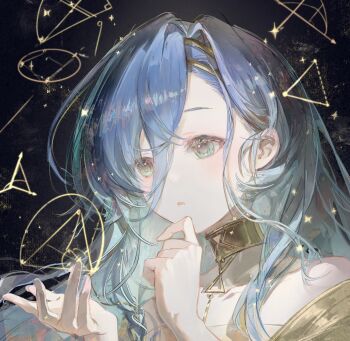 Rule 34 | 1girl, 37 (reverse:1999), artist request, bare shoulders, black background, blue eyes, blue hair, commission, geometry, gold choker, hair between eyes, hand on own chin, highres, long hair, looking at hand, math, parted lips, reverse:1999, second-party source, solo, sparkle, stroking own chin, thinking, upper body