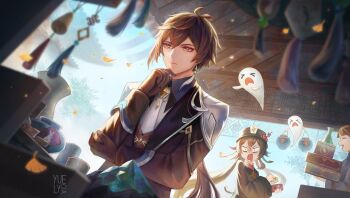 1boy 2girls antenna_hair artist_logo bag black_gloves black_hat blurry blurry_foreground boo_tao_(genshin_impact) box brown_hair brown_jacket brown_vest charm_(object) closed_eyes coin commentary constricted_pupils earrings english_commentary flower gem genshin_impact ghost gloves hand_on_own_chin hand_on_own_elbow hat hat_flower holding holding_bag holding_box holding_coin hu_tao_(genshin_impact) jacket jewelry logo long_hair long_sleeves looking_at_another money_bag multiple_girls necktie open_mouth pensive surprised tailcoat tassel tassel_earrings upper_body vest white_necktie yellow_eyes yellow_gemstone yuelycia zhongli_(genshin_impact)