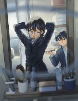 1boy 1girl absurdres aqua-framed_eyewear basket bathroom black_eyes black_hair black_jacket blue_eyes blurry blurry_edges blurry_foreground bottle bread bread_slice collared_shirt comb commentary_request cube doorknob eating female_pov food glasses hair_brush hair_tie_in_mouth highres holding holding_food indoors ito_yoshi jacket laundry_basket long_hair long_sleeves mirror morning mother_and_son mouth_hold one_eye_closed open_clothes open_door open_jacket original pov reflection shelf shirt slice_of_life squeeze_bottle standing suit_jacket tile_wall tiles toast toothbrush towel tying_hair upper_body v-shaped_eyebrows white_shirt wispy_bangs