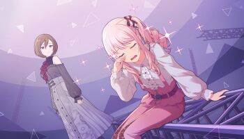 1girl 1other 25-ji_meiko akiyama_mizuki belt brown_eyes brown_hair closed_mouth colorful_palette empty_eyes frown game_cg grey_shirt grey_skirt hair_between_eyes highres long_sleeves meiko_(vocaloid) minasoko_ni_kage_wo_sagashite_(project_sekai) official_art pants pink_hair pink_pants pleated_skirt project_sekai puffy_long_sleeves puffy_sleeves purple_belt shirt side_ponytail sidelocks sitting skirt sparkle third-party_source triangle vocaloid