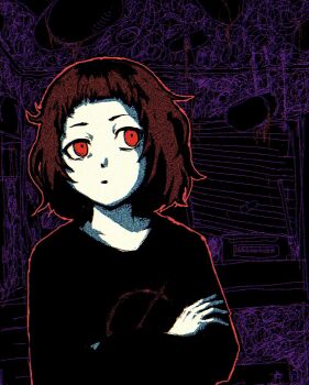 abstract abstract_background black_sweater brown_hair crossed_arms empty_eyes facing_viewer film_grain half-closed_eye high_contrast highres long_sleeves looking_to_the_side looking_up medium_hair messy_hair milk-chan_(milk_series) milk_inside_a_bag_of_milk_inside_a_bag_of_milk outline pale_skin parted_lips print_sweater red_eyes red_outline sano_(snsk3470) shadow short_bangs squiggle static sweater upper_body