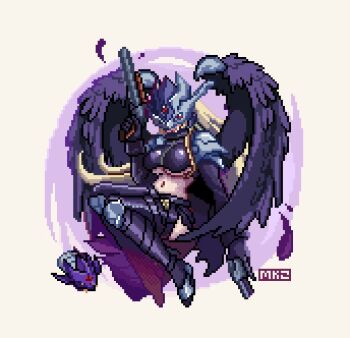 1girl beelstarmon beelstarmon_x black_wings blonde_hair breasts digimon digimon_(creature) dual_wielding feathered_wings full_body gun highres holding holding_gun holding_weapon large_breasts long_hair mk.sweet navel pixel_art red_eyes simple_background solo third_eye underboob weapon white_background wings