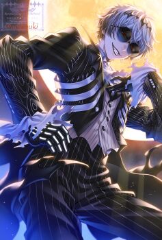 1boy aogiyuki bishounen black_crown commentary_request crown diamond_hairband formal_clothes gloves graveyard halloween hand_on_own_chest hand_on_own_hip highres jacket long_sleeves looking_at_viewer male_focus missing_tooth moonlight night night_sky pinstripe_jacket pinstripe_pattern pinstripe_suit pinstripe_vest round_eyewear short_hair skeleton skeleton_print skully_j._graves sky smile smirk solo stitches striped_clothes striped_jacket striped_vest suit sunglasses the_nightmare_before_christmas twisted_wonderland twitter_username vertical-striped_clothes vertical-striped_jacket vertical-striped_vest vest white_hair