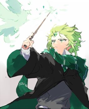 1boy alternate_skin_color animal bad_id bad_twitter_id bird black_cloak cloak cookie_run forehead_jewel green_eyes green_hair grey_sweater_vest harry_potter_(series) hogwarts_school_uniform holding holding_wand humanization inactive_account magic male_focus nana_(ebitokanimiso) painttool_sai_(medium) pointy_ears school_uniform short_hair sidelocks simple_background solo sweater_vest upper_body wand white_background wind_archer_cookie wizarding_world