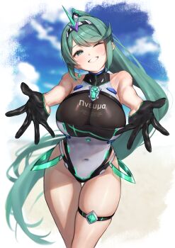 1girl absurdres black_gloves breasts chest_jewel cleavage core_crystal_(xenoblade) covered_navel gloves green_eyes green_hair hakusai_(hksicabb) half_gloves highres large_breasts long_hair looking_at_viewer one-piece_swimsuit one_eye_closed pneuma_(xenoblade) ponytail reaching reaching_towards_viewer solo swept_bangs swimsuit textless_version thigh_strap tiara very_long_hair xenoblade_chronicles_(series) xenoblade_chronicles_2