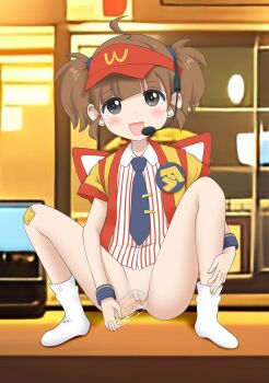 1girl ahoge anus blue_necktie blush bottomless brand_name_imitation brown_hair cleft_of_venus commission cup employee_uniform fast_food_uniform female_focus full_body fundarikettari grey_eyes headset highres holding holding_cup imadake_dabuchi_tabemi kneehighs loli m_legs mcdonald&#039;s necktie open_mouth pee peeing pixiv_commission pussy shirt short_hair short_sleeves short_twintails smile socks solo spread_legs squatting striped_clothes striped_shirt thighs tie_clip twintails uncensored vertical-striped_clothes vertical-striped_shirt visor_cap white_socks wristband