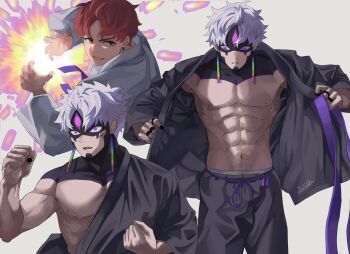 1boy abs baggy_pants belt cowboy_shot dandadan dougi earrings enjoji_jin evil_eye_(dandadan) fighting_stance grey_background grey_hair hashtag-only_commentary highres jewelry long_sleeves male_focus multiple_views muscular muscular_male pants parted_lips pectorals possessed purple_belt purple_eyes red_hair short_hair third_eye transformation undressing upper_body wolf6481