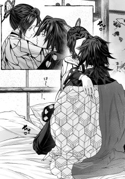 1boy 1girl absurdres closed_eyes commentary_request demon_slayer_uniform greyscale haori hetero high_collar highres hug indoors jacket japanese_clothes kikkoumon kimetsu_no_yaiba kiss kochou_shinobu long_hair looking_at_another low_ponytail monochrome multiple_views niku_(ni23ku) pants ponytail profile sitting tomioka_giyuu translation_request