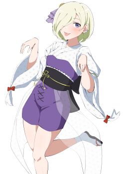1girl :p absurdres asa_no_ha_(pattern) blonde_hair breasts commentary foot_out_of_frame ghost_pose hair_over_one_eye highres japanese_clothes kimono leg_up looking_at_viewer love_live! love_live!_nijigasaki_high_school_idol_club mia_taylor nijigaku_hyakkiyakou official_alternate_costume one_eye_covered purple_eyes sandals short_hair simple_background small_breasts smile solo tabi tongue tongue_out uchuu_no_mozuku unmoving_pattern white_background white_kimono zouri