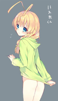 1boy ahoge androgynous antenna_hair ass blonde_hair blush bottomless flying_sweatdrops haiyore!_nyaruko-san hastur_(nyaruko-san) looking_back male_focus nemunemu_(candy_paddle) ponytail pulling shota solo trap