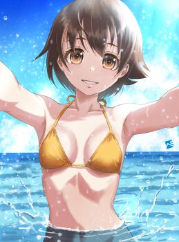 1girl absurdres armpits bikini blush breasts brown_eyes brown_hair cleavage collarbone commentary_request girls_und_panzer highres in_water kainushi large_breasts looking_at_viewer medium_breasts navel ocean sawa_azusa short_hair sky smile solo swimsuit yellow_bikini