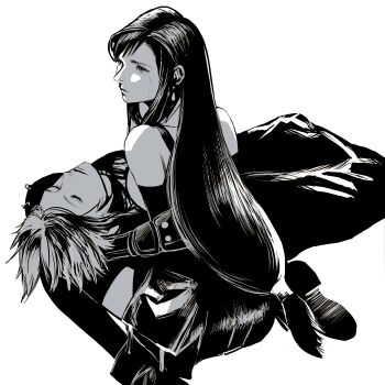 1boy 1girl bare_shoulders black_gloves black_hair black_skirt black_thighhighs breasts closed_eyes closed_mouth cloud_strife commentary_request earrings elbow_gloves feet_out_of_frame final_fantasy final_fantasy_vii final_fantasy_vii_remake gloves greyscale hand_on_another's_chest hand_on_another's_head highres jewelry lap_pillow long_hair looking_to_the_side low-tied_long_hair lying medium_breasts monochrome on_back short_hair single_earring sitting skirt sleeveless sleeveless_turtleneck suspenders sweater tears thighhighs tifa_lockhart tori_(labyrinth_fft) turtleneck turtleneck_sweater unconscious wariza white_background