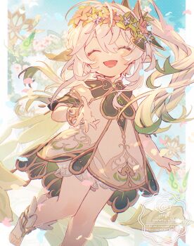 1girl :d ^_^ absurdres anetu_u107 bare_shoulders bloomers blush boots bracelet closed_eyes commentary detached_sleeves double-parted_bangs dress facing_viewer flower foot_out_of_frame genshin_impact green_sleeves hair_between_eyes hair_flower hair_ornament highres jewelry long_hair nahida_(genshin_impact) open-toe_boots open_mouth short_sleeves side_ponytail sleeveless sleeveless_dress smile solo stirrup_legwear toeless_legwear twitter_username underwear watermark white_bloomers white_boots white_dress white_hair