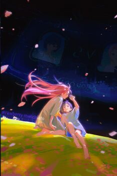 2girls alien_stage artist_name barefoot black_hair choker closed_eyes commentary dress english_commentary glasses grey_choker grey_dress highres holding holding_removed_eyewear long_hair mizi_(alien_stage) multiple_girls on_grass open_mouth pink_hair sberrymacchiato short_hair sitting smile sua_(alien_stage) unworn_eyewear very_long_hair