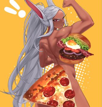 1girl animal_ears arm_up back bare_arms bare_shoulders boku_no_hero_academia burger clenched_hand convenient_censoring dark-skinned_female dark_skin flexible food from_behind gabriel_carrasquillo heart_on_ass long_eyelashes long_hair looking_at_viewer median_furrow mirko muscular muscular_arms muscular_back muscular_female parted_bangs parted_lips pizza ponytail rabbit_ears rabbit_girl red_eyes solo toned very_long_hair white_hair yellow_background