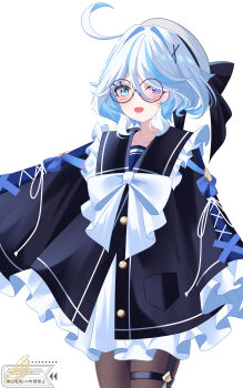 1girl absurdres ahoge alternate_costume bespectacled black_pantyhose blue_eyes blue_hair blue_pupils blush clothing_request commentary_request drop-shaped_pupils furina_(genshin_impact) genshin_impact glasses heterochromia highres long_sleeves looking_at_viewer open_mouth pantyhose round_eyewear sankaku_(maruchann32) signature simple_background solo symbol-shaped_pupils thigh_strap watermark white_background white_hair