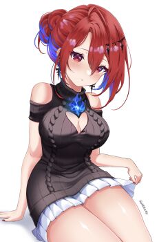 Rule 34 | 1girl, absurdres, ahoge, alternate costume, alternate hairstyle, black sweater, blue fire, blue hair, breasts, cable knit, cleavage cutout, clothing cutout, commentary, earrings, elizabeth rose bloodflame, english commentary, fire, fire on chest, goldfishy, hair bun, highres, hololive, hololive english, huge ahoge, jewelry, large breasts, looking at viewer, miniskirt, pleated skirt, red eyes, red hair, ribbed sweater, short hair, short sleeves, shoulder cutout, simple background, single hair bun, sitting, skirt, solo, sweater, turtleneck, turtleneck sweater, virtual youtuber, white background, white skirt