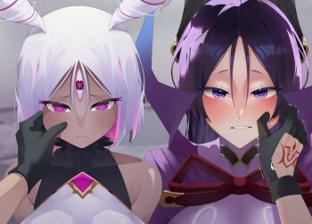 alternate_breast_size_(larger) dark-skinned_female dark_skin fate/grand_order fate_(series) fujimaru_ritsuka_(male) highres mature_female minamoto_no_raikou_(fate) pinching pink_eyes purple_eyes purple_hair shy slob_slime ushi_gozen_(fate) white_hair