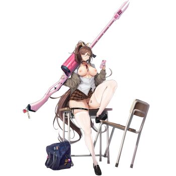 1girl bag black_choker black_shoes blue_bag blush breasts breasts_out brown_hair brown_skirt cellphone chair choker closed_mouth collarbone collared_shirt desk full_body game_asset grey_eyes grey_sweater gun hair_between_eyes hair_ornament hair_ribbon hairclip heart high_ponytail highres holding holding_gun holding_phone holding_weapon jewelry khan_the_swift last_origin leg_tattoo leg_up loafers long_hair looking_at_viewer medium_breasts mel_(dodosae) microskirt multiple_rings nail_polish neck_ribbon nipples no_panties non-web_source o-ring o-ring_choker off_shoulder official_alternate_costume official_art on_desk partially_unbuttoned phone pin pink_nails pink_ribbon plaid_clothes plaid_skirt ponytail pussy ribbon rifle ring school_bag school_desk school_uniform self-datamine shirt shoes simple_background sitting skindentation skirt smartphone solo sweater tattoo thick_thighs thigh_strap thighhighs thighs transparent_background very_long_hair weapon white_shirt white_thighhighs yellow_ribbon