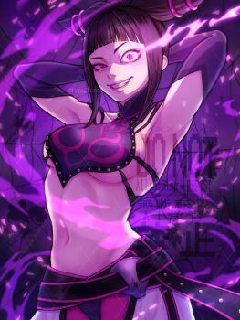 1girl arms_behind_back black_hair breasts cowboy_shot eye_trail hair_horns han_juri hepu2rabbits_(epuusa) highres light_trail medium_breasts navel parted_lips purple_background purple_eyes revealing_clothes sideboob silk smirk solo spider_web street_fighter underboob watermark