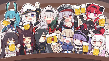 Rule 34 | 6+girls, ;d, absurdres, akagi (azur lane), alcohol, animal ears, azur lane, beer, beer mug, black coat, black gloves, black hair, black hairband, black horns, black necktie, black skirt, blue hair, boise (azur lane), bottle, bow, breasts, chibi, chibi only, coat, commission, cup, curled horns, demon horns, drinking, enterprise (azur lane), felix schultz (azur lane), fenecsin, fox ears, fox girl, friedrich der grosse (azur lane), gloves, graf zeppelin (azur lane), grey hair, guam (azur lane), hair bow, hair over one eye, hairband, hat, high ponytail, highres, hindenburg (azur lane), holding, holding bottle, holding tray, horns, laffey (azur lane), mainz (azur lane), mask, mouth mask, mug, multiple girls, necktie, one eye closed, open mouth, oxygen tank, peaked cap, pointy ears, ponytail, purple eyes, purple hair, red eyes, red hair, red horns, skirt, smile, star-shaped pupils, star (symbol), symbol-shaped pupils, takao (azur lane), tray, twintails, underboob, white bow, white hair, white hat, yellow eyes